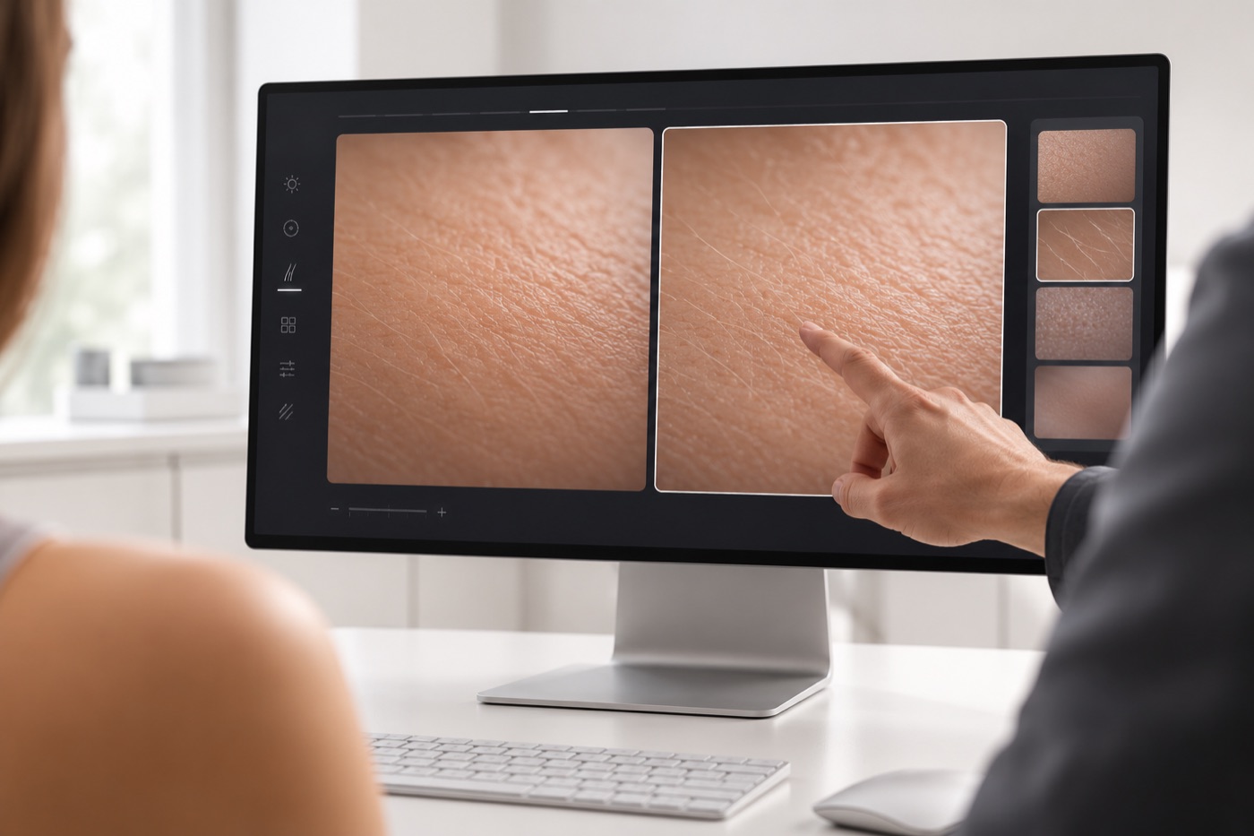 Profissional apontando para um monitor que mostra duas imagens ampliadas de pele lado a lado, com a paciente ao lado observando.