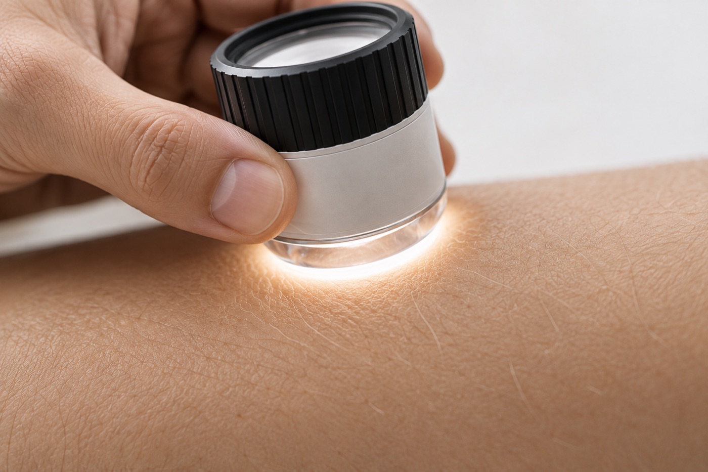 Mão segurando um dermatoscópio apoiado sobre a pele do braço, com o anel de luz aceso.