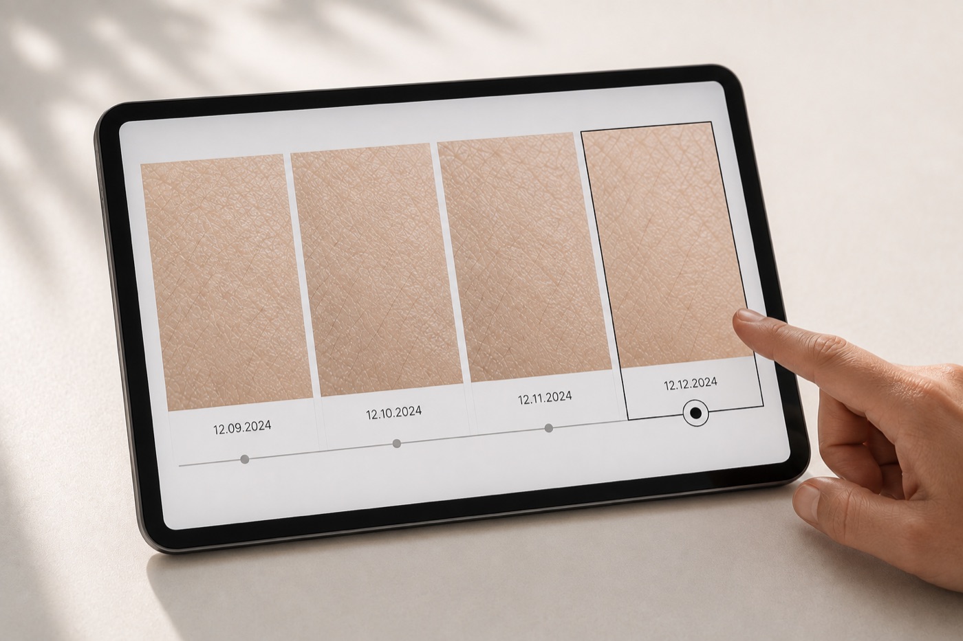Tablet exibindo quatro registros datados da mesma área de pele em sequência, com o mais recente selecionado.